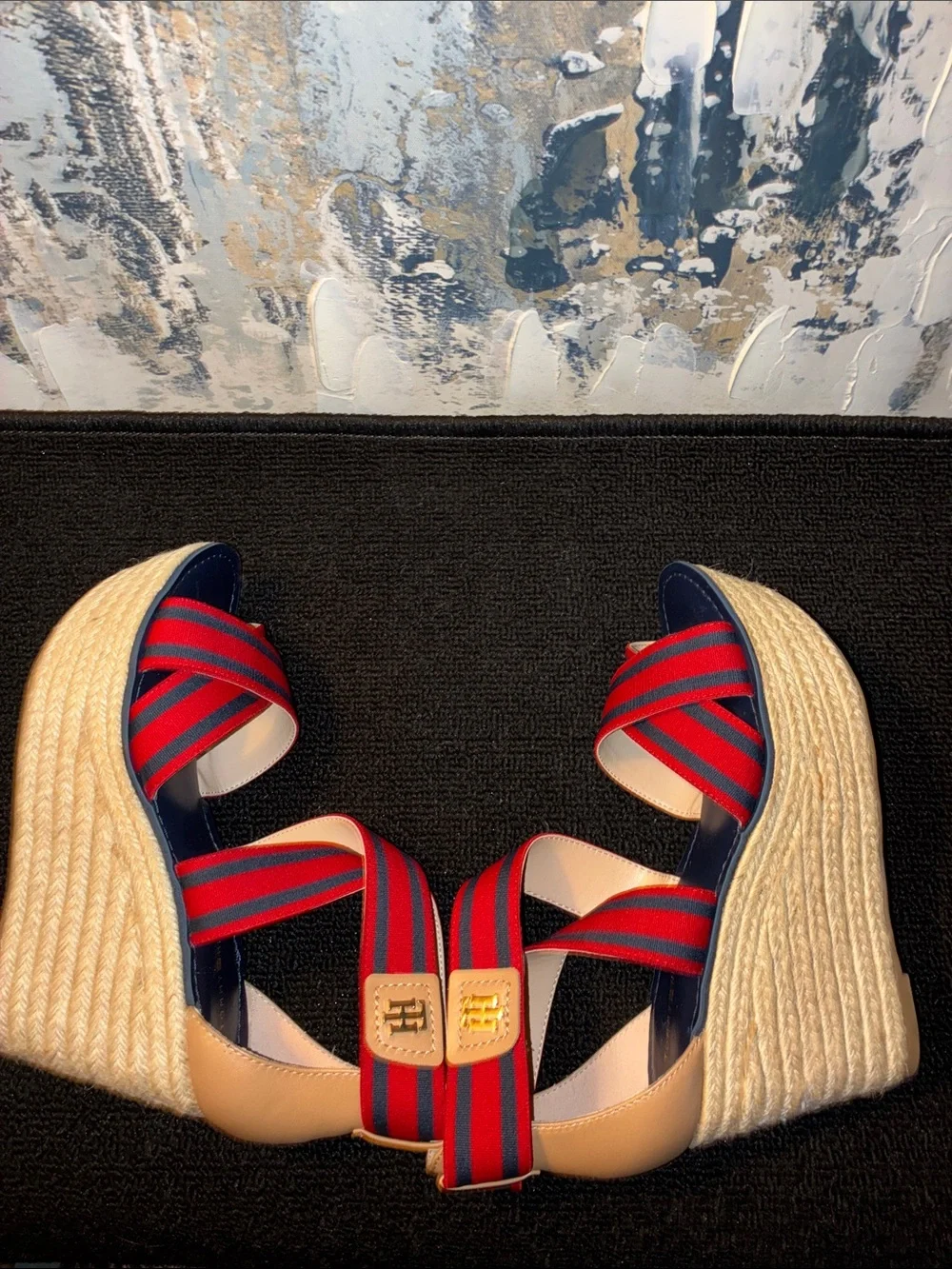 NWT Tommy Hilfiger Red & Navy Striped Espadrille Wedge Sandals Size 7.5